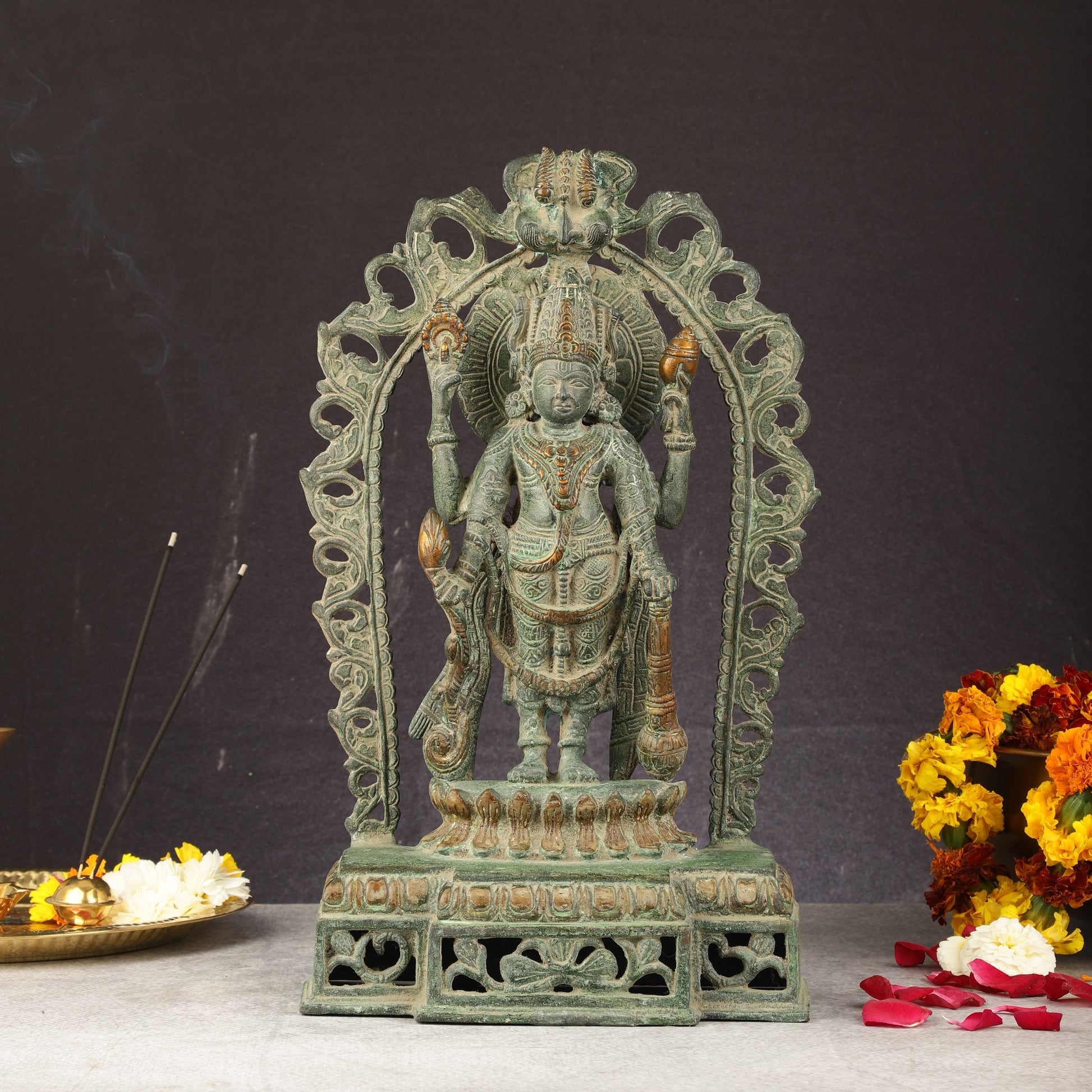 Antique Brass Standing Lord Vishnu Statue with Prabhavali - 16 inch