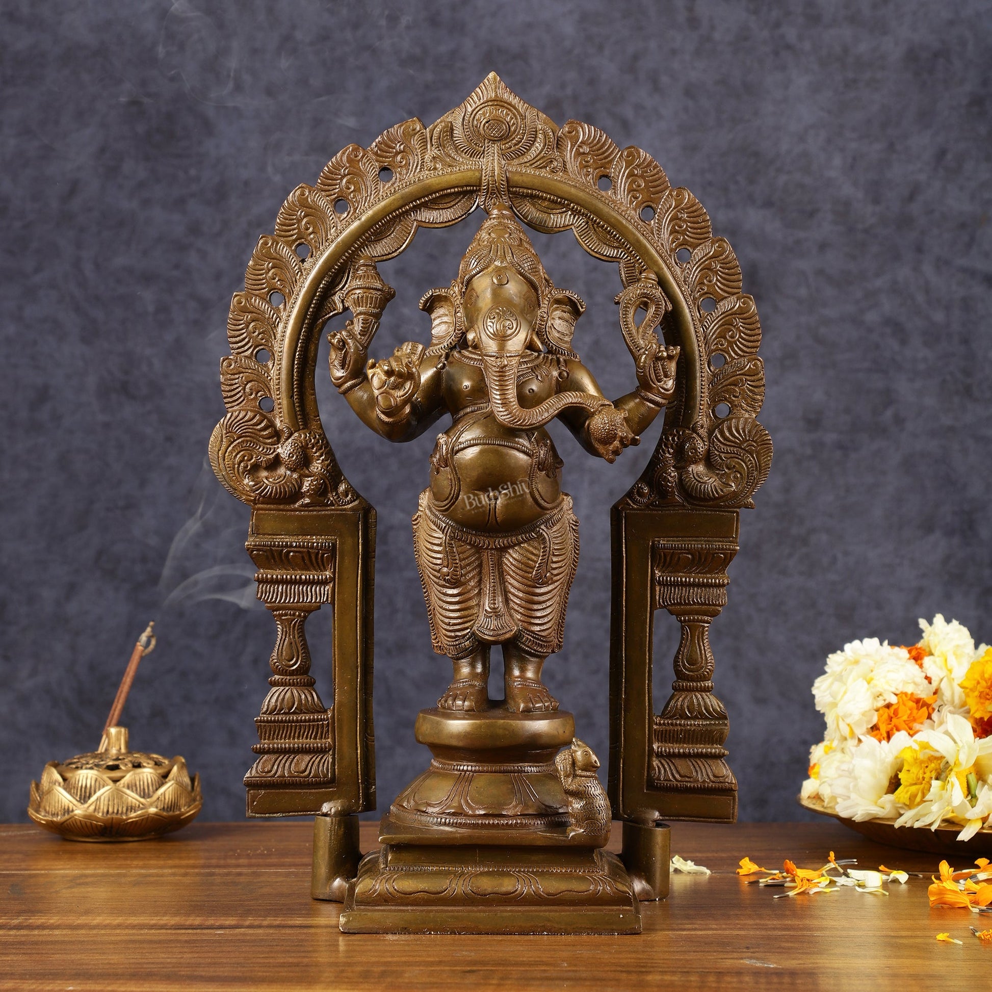 Antique Standing Ganapati Brass Statue with Prabhavali Arch | 14 inches