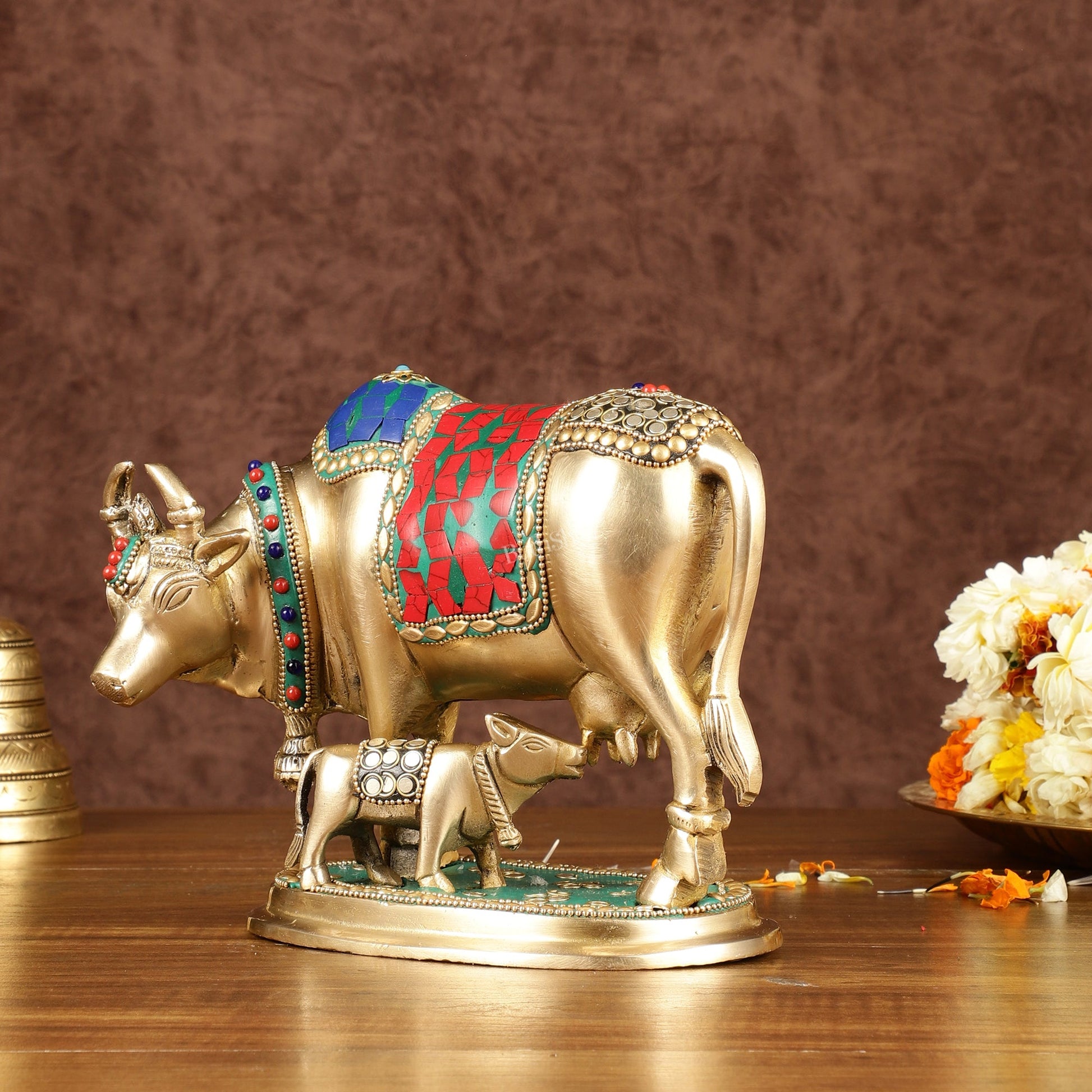 Multi-Colour Brass Kamadhenu Cow with Calf Idol | 8.5 inch