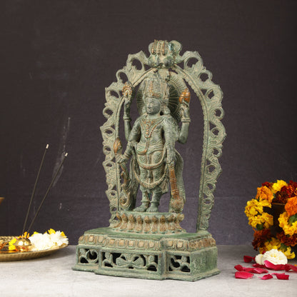 Antique Brass Standing Lord Vishnu Statue with Prabhavali - 16 inch