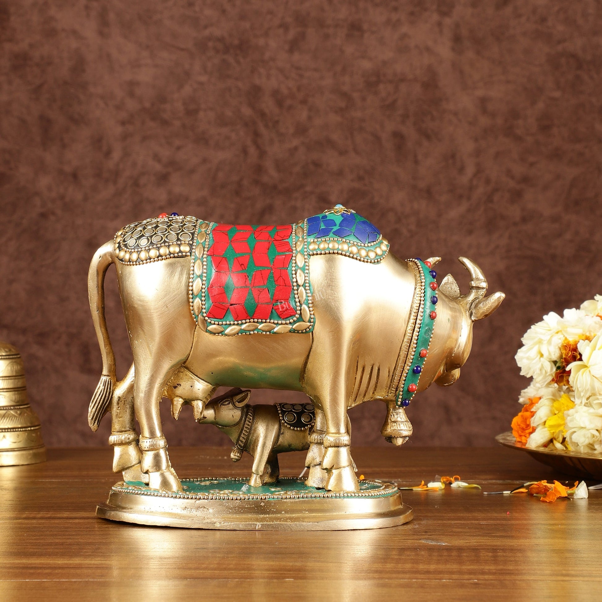 Multi-Colour Brass Kamadhenu Cow with Calf Idol | 8.5 inch