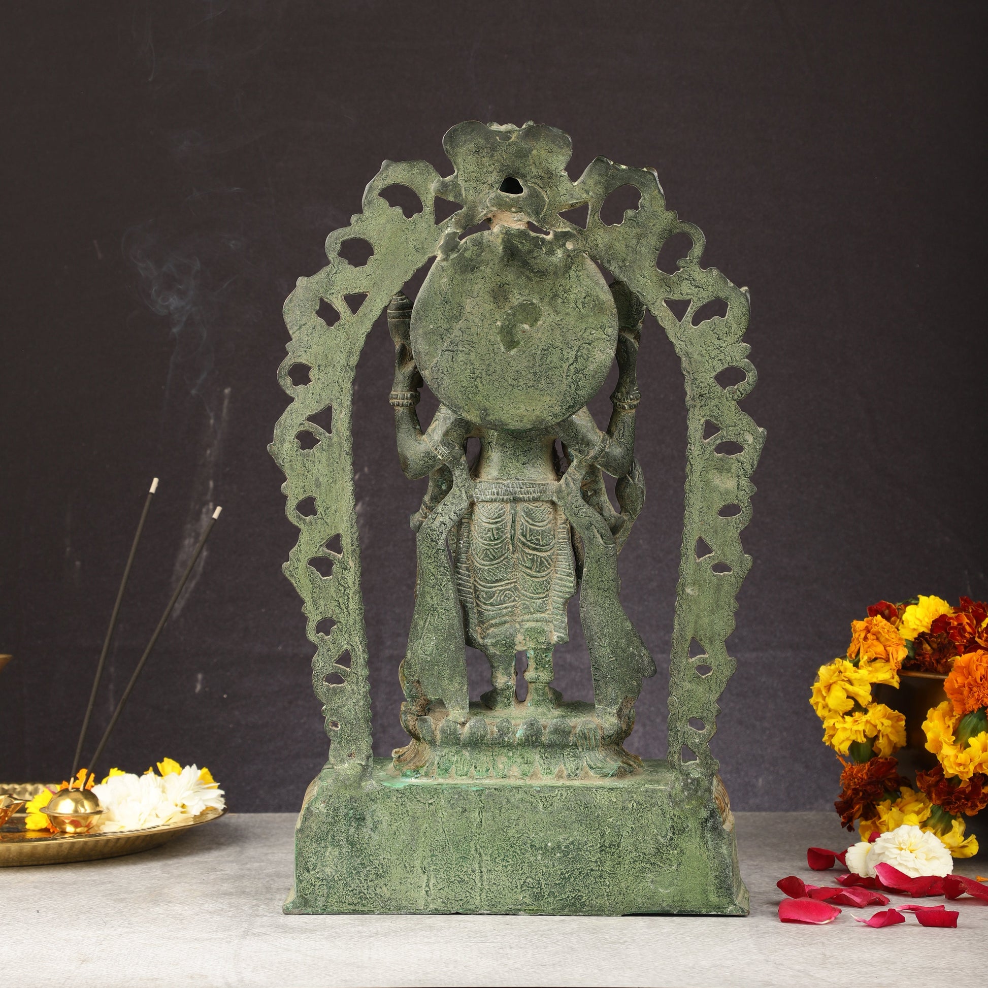 Antique Brass Standing Lord Vishnu Statue with Prabhavali - 16 inch