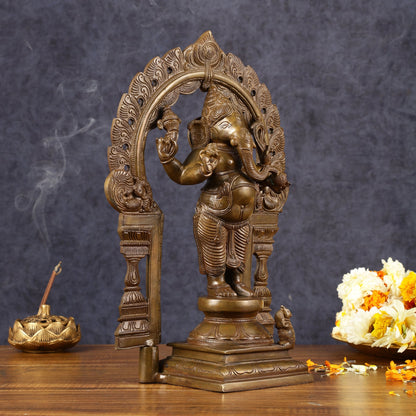 Antique Standing Ganapati Brass Statue with Prabhavali Arch | 14 inches