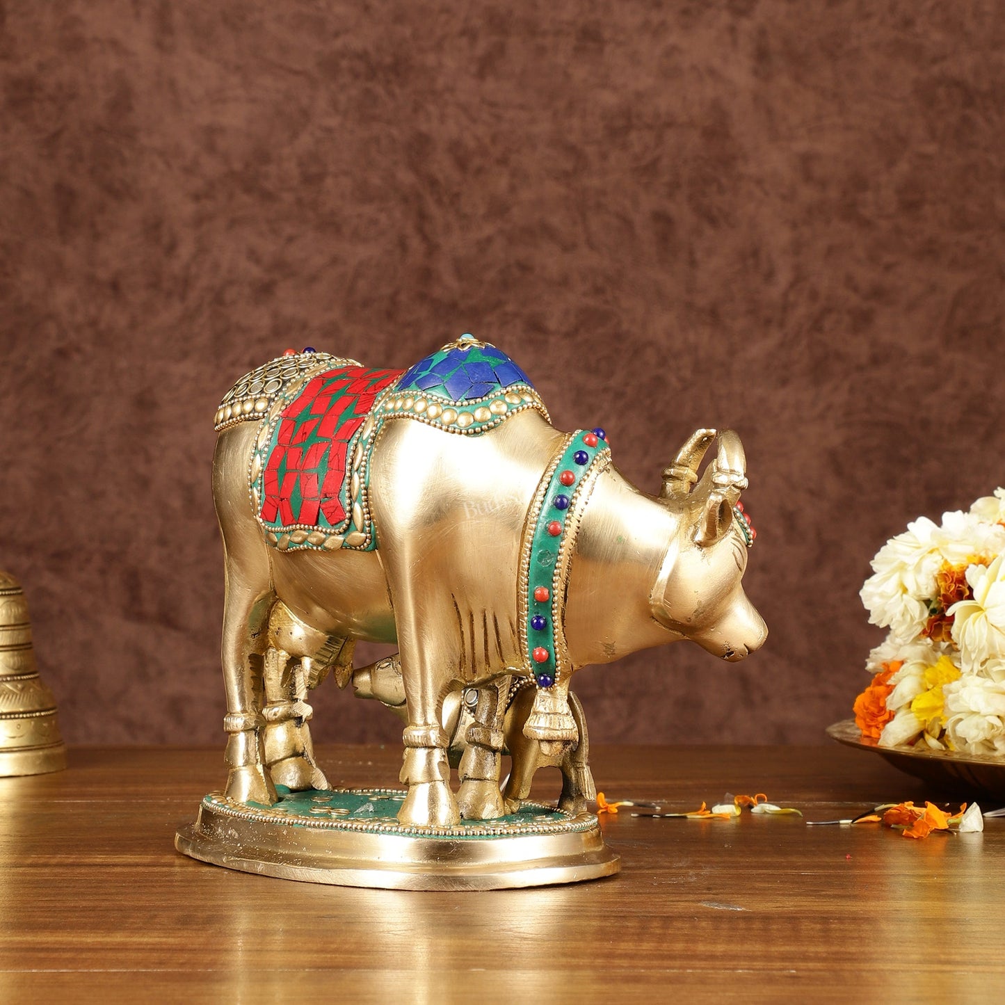 Multi-Colour Brass Kamadhenu Cow with Calf Idol | 8.5 inch