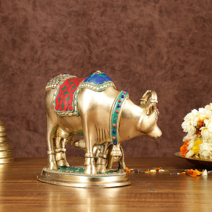 Multi-Colour Brass Kamadhenu Cow with Calf Idol | 8.5 inch