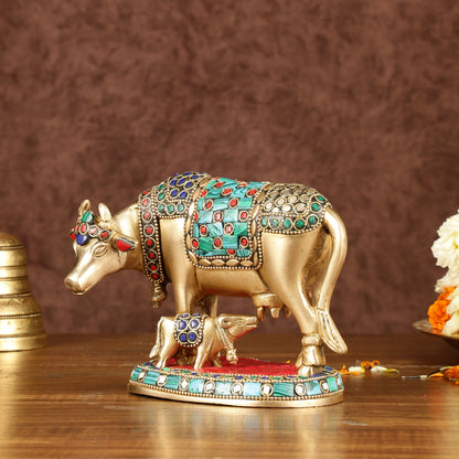 Brass Kamadhenu Cow with Calf Idol | Meenakari 6.5"