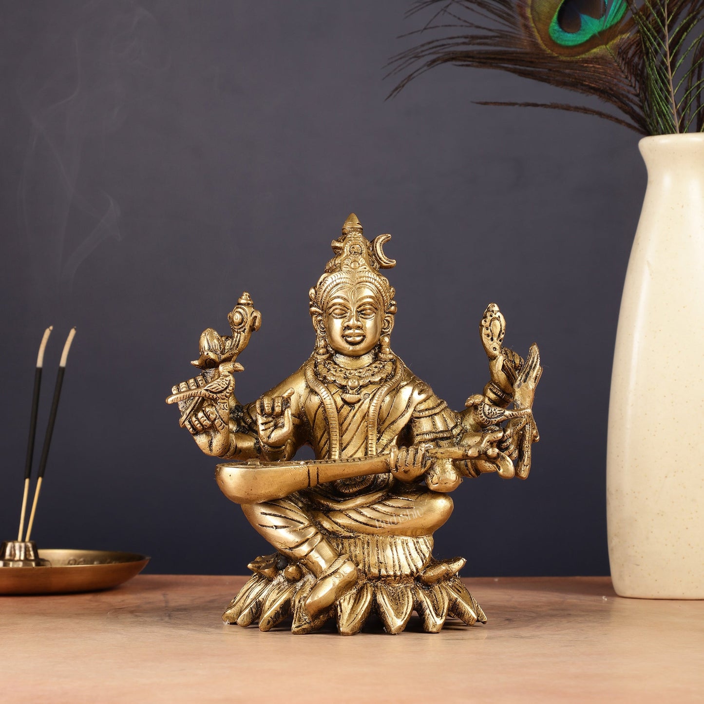 Pure Brass Raja Shyamala Devi Matangi Saraswati Idol with Eight Arms 7"