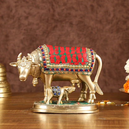 Brass Kamadhenu Cow with Calf Idol | Meenakari 6.5"