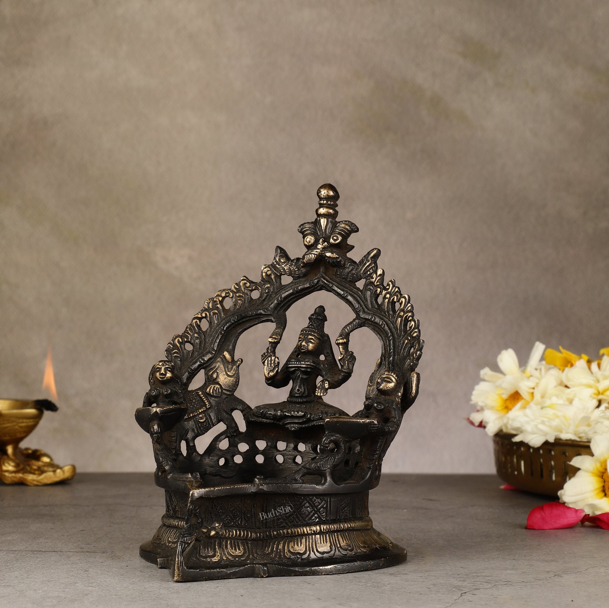 Pure Brass Antique Gajalakshmi Lamp with Deep Lady - 6.5"