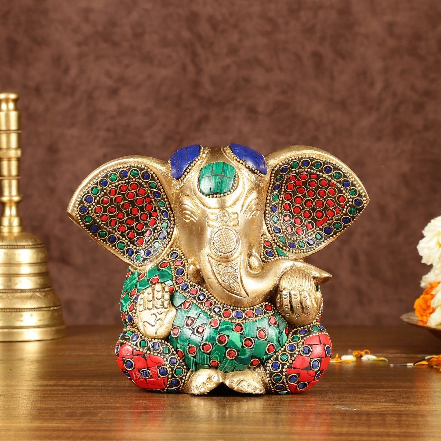 Brass Appu Ganesha Superfine Statue Big ears 6" with multicolour work