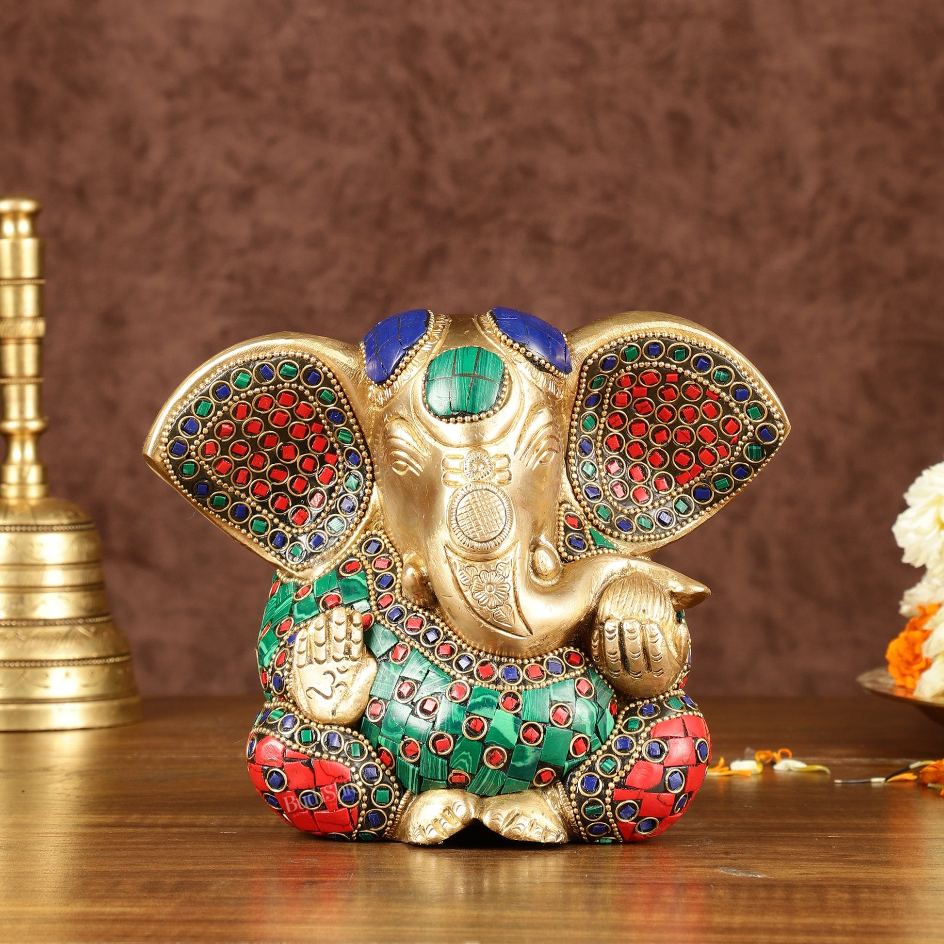 Brass Appu Ganesha Superfine Statue Big ears 6" with multicolour work