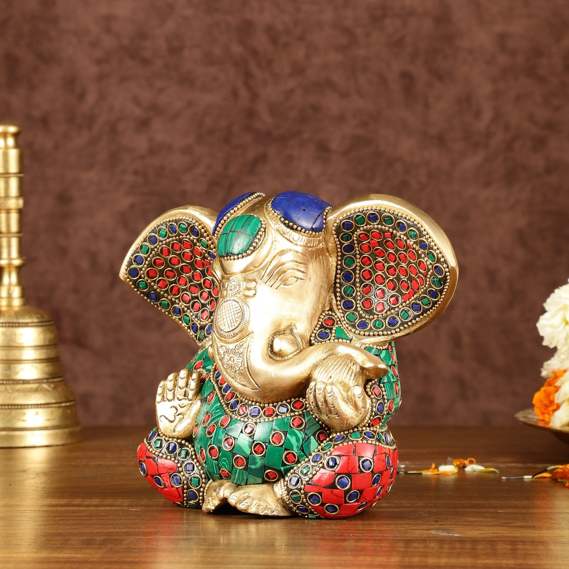 Brass Appu Ganesha Superfine Statue Big ears 6" with multicolour work