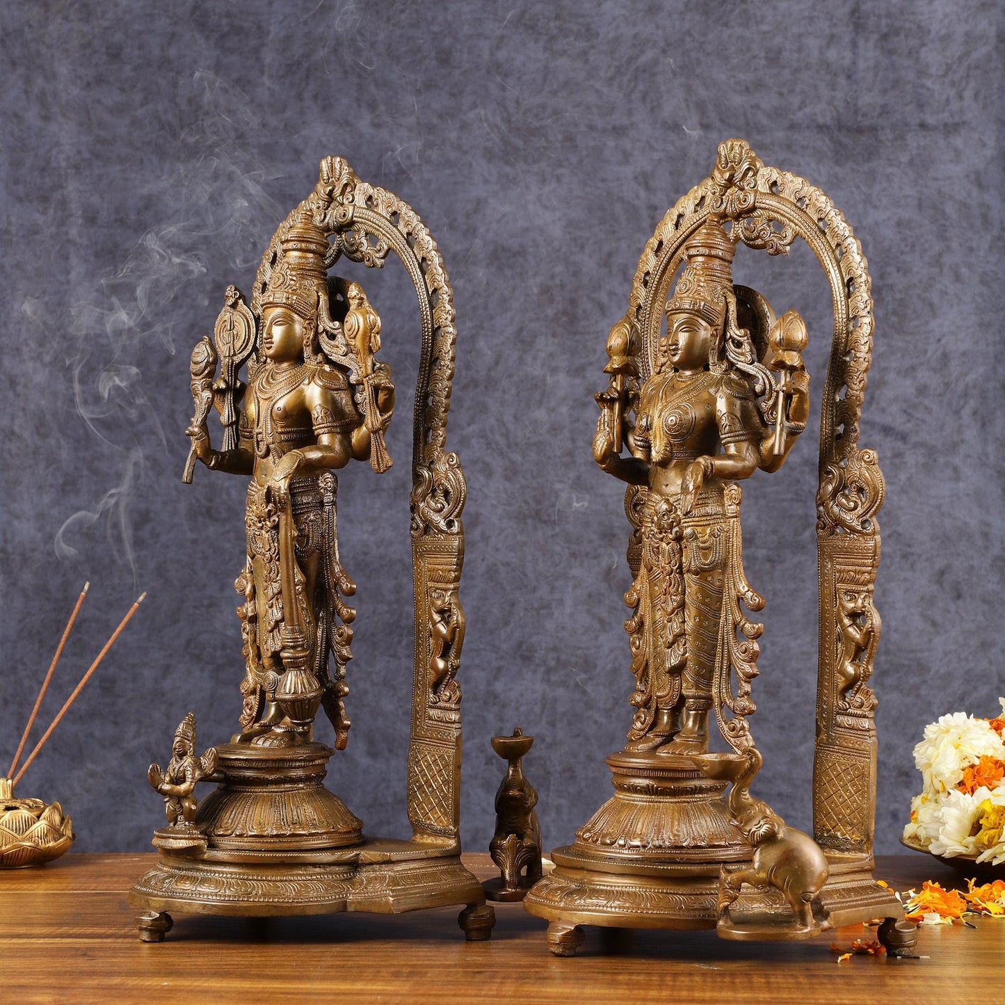 Antique Chola Style Pure Brass Lord Vishnu and Goddess Lakshmi Statues | 16 inch