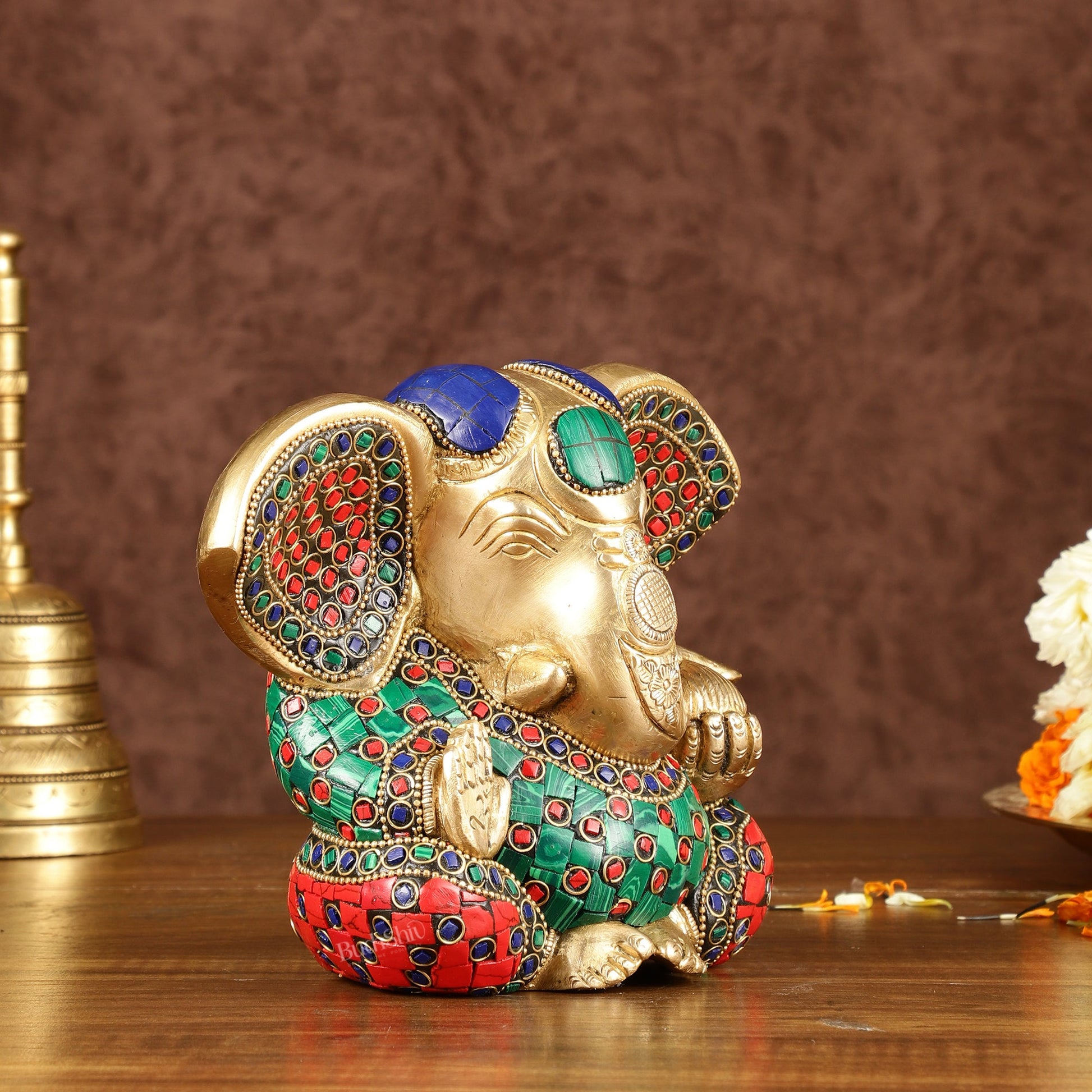 Brass Appu Ganesha Superfine Statue Big ears 6" with multicolour work