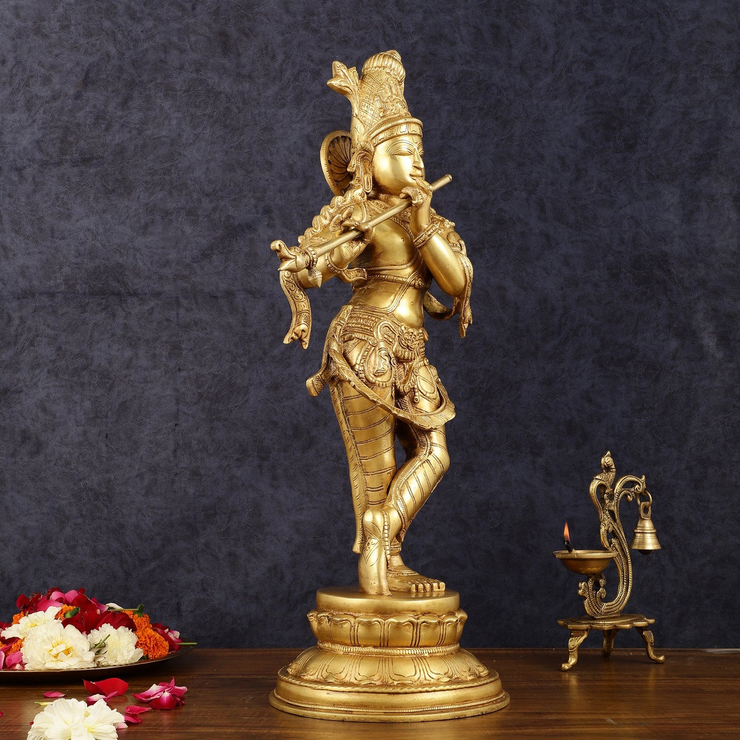 Exquisite 22-Inch Pure Brass Lord Krishna Statue