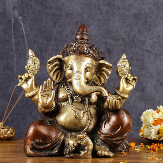 Ganapati Brass Idol - Extraordinary Double Chola Finish, 13" Height