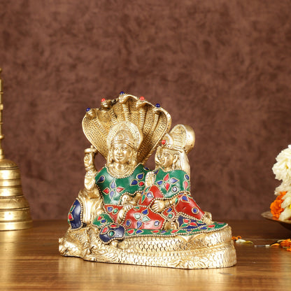 Lakshmi Narayan/ Vishnu Lakshmi brass idol resting on Sheshnaag Golden finish
