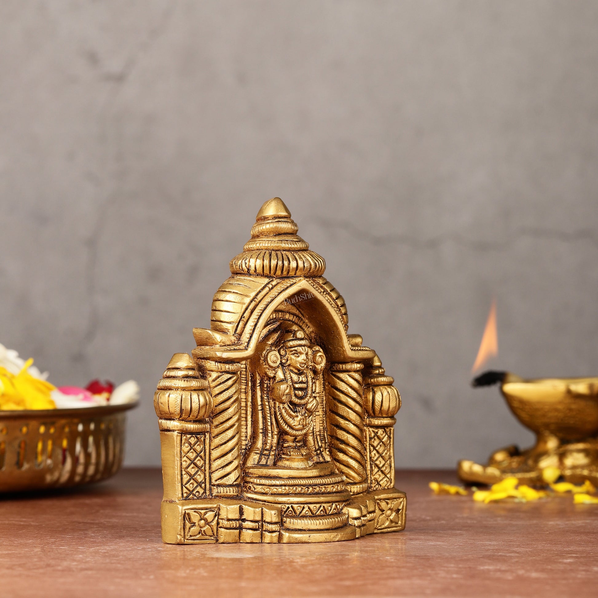Pure Brass Superfine Miniature Tirupati Balaji Idol with Temple - 4"