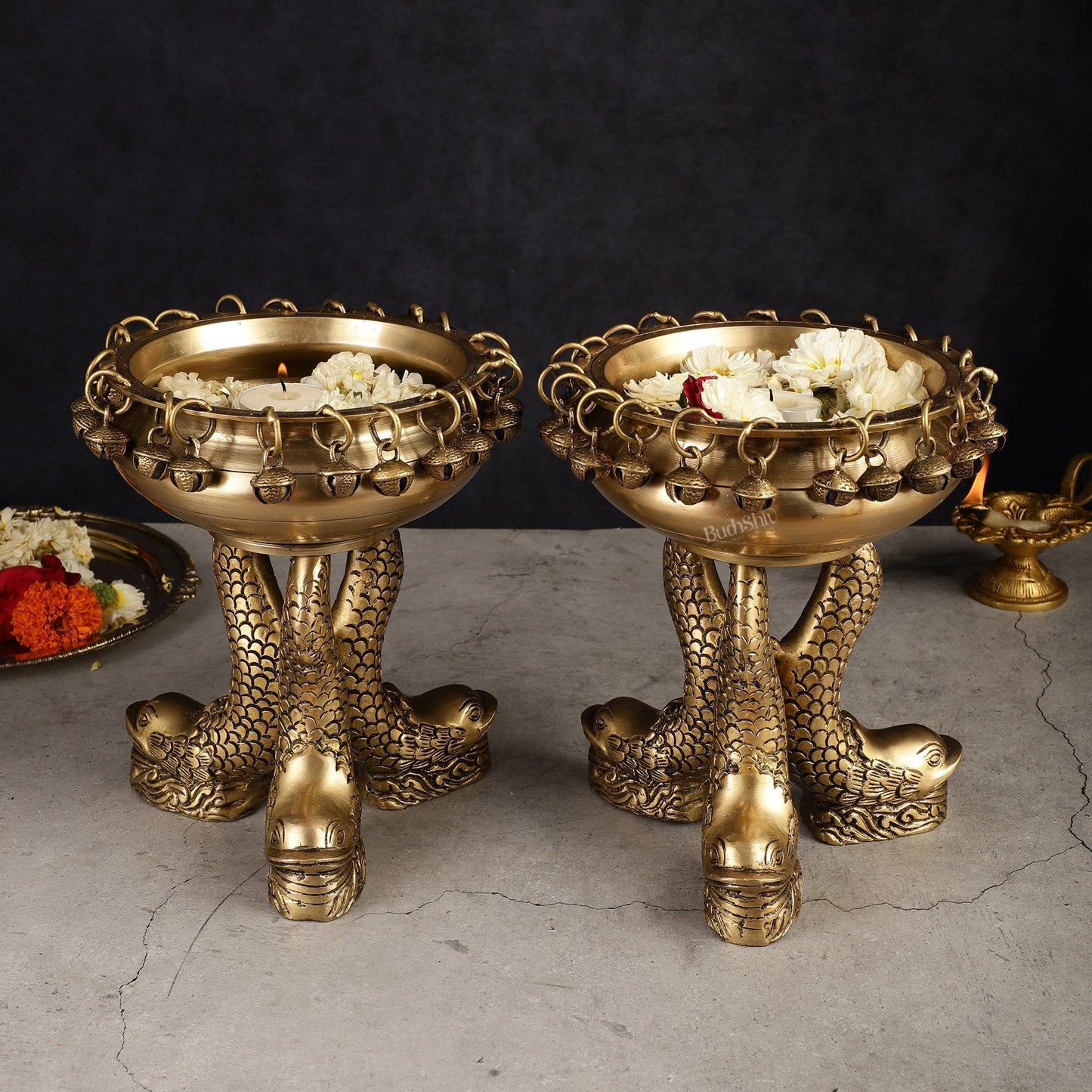 Pure Brass Vastu Urli with Fish Legs pair  - Set of two 8"
