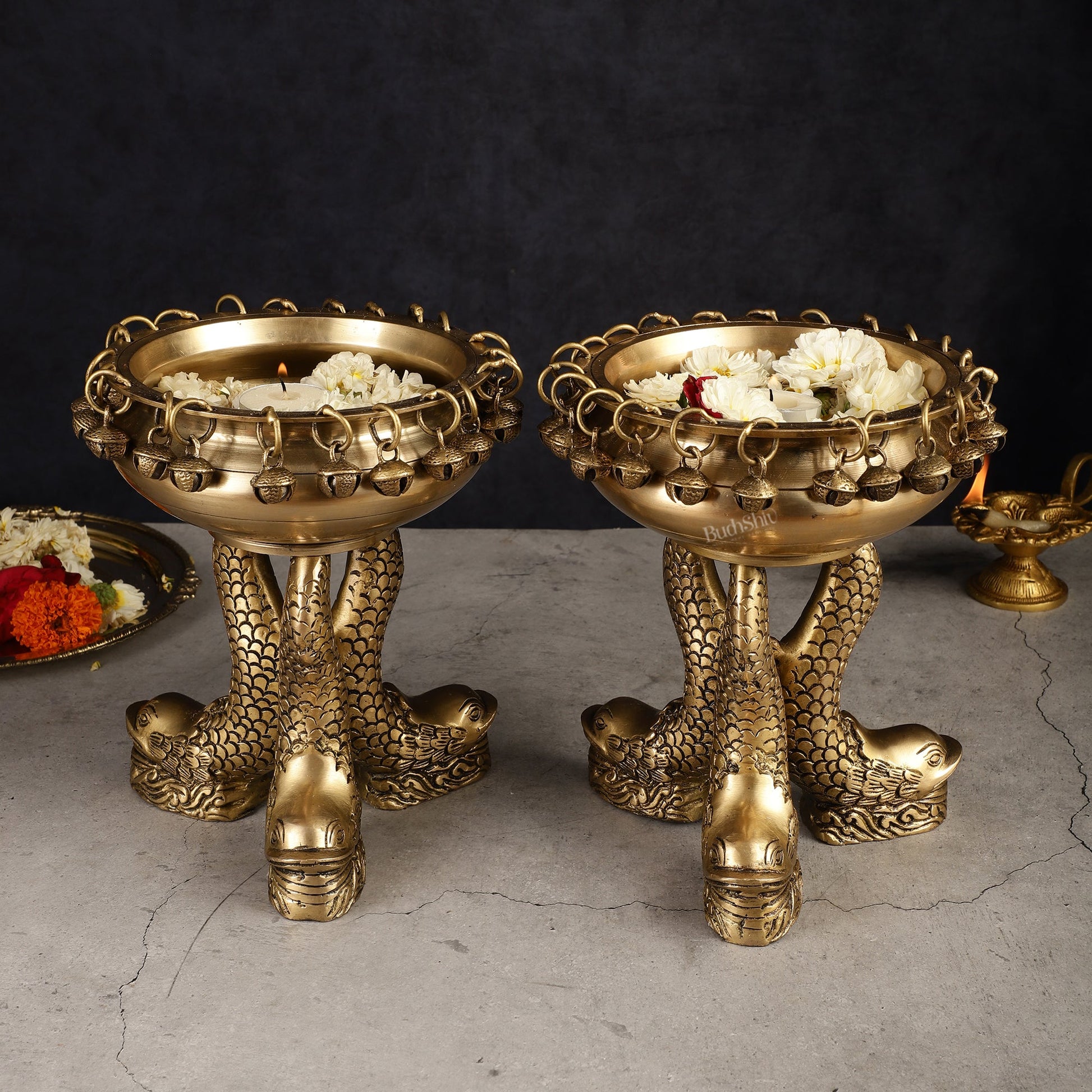 Pure Brass Vastu Urli with Fish Legs pair  - Set of two 8"