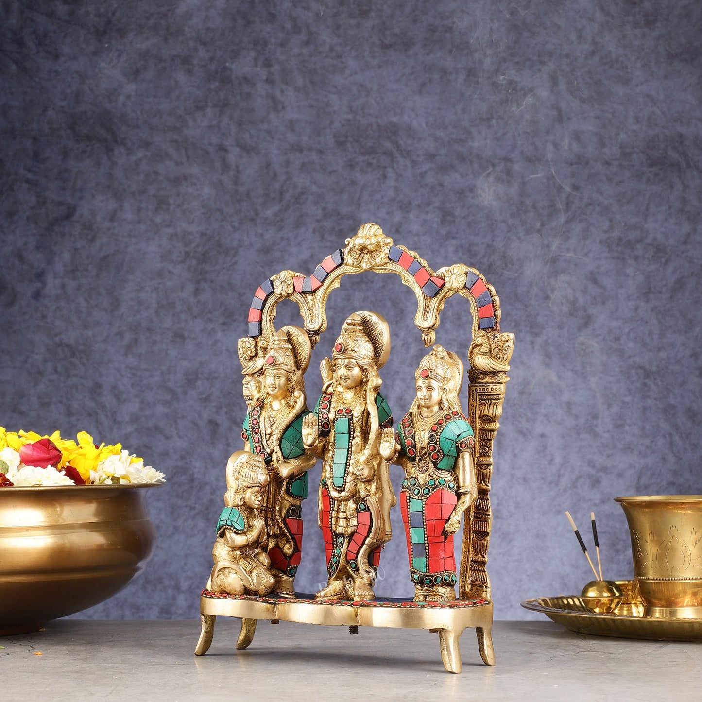 Exquisite Brass Ram Darbar with Inlay Stonework - 11 Inch
