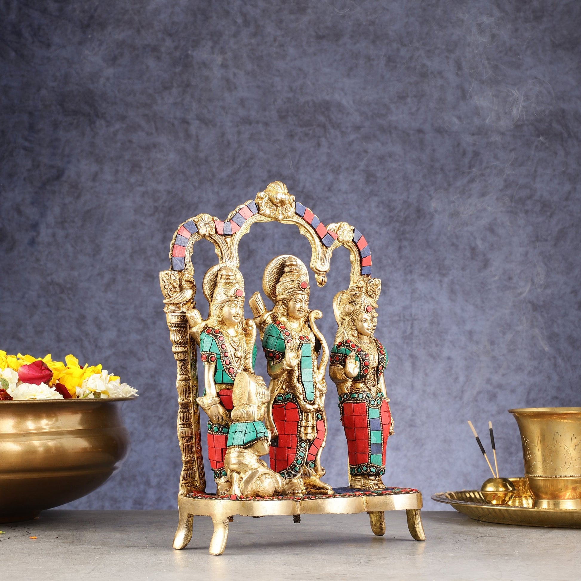Exquisite Brass Ram Darbar with Inlay Stonework - 11 Inch