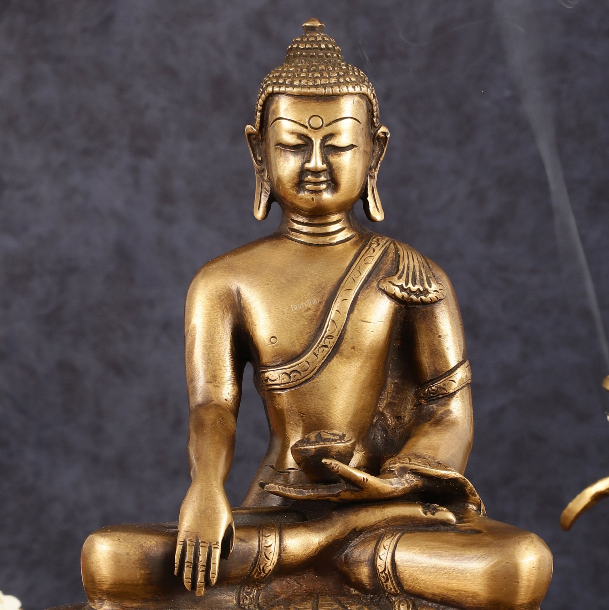 Pure Brass Antique Tone Buddha Statue with Hand Down - 9.5" Height