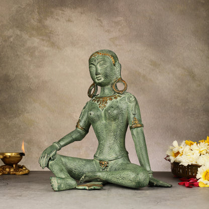 Brass Seated Nepalese Green Tara Idol – 10.5 Inch, - Antique Patina Hues |