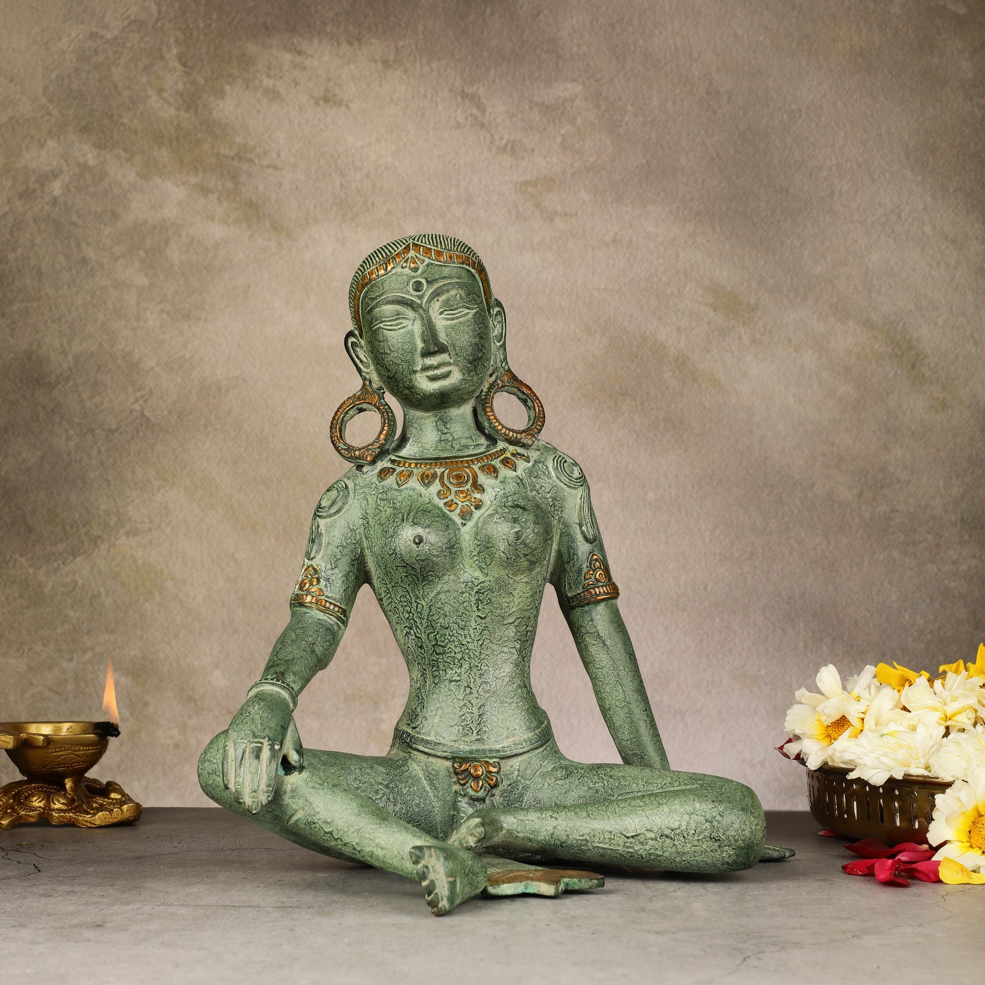 Brass Seated Nepalese Green Tara Idol – 10.5 Inch, - Antique Patina Hues |