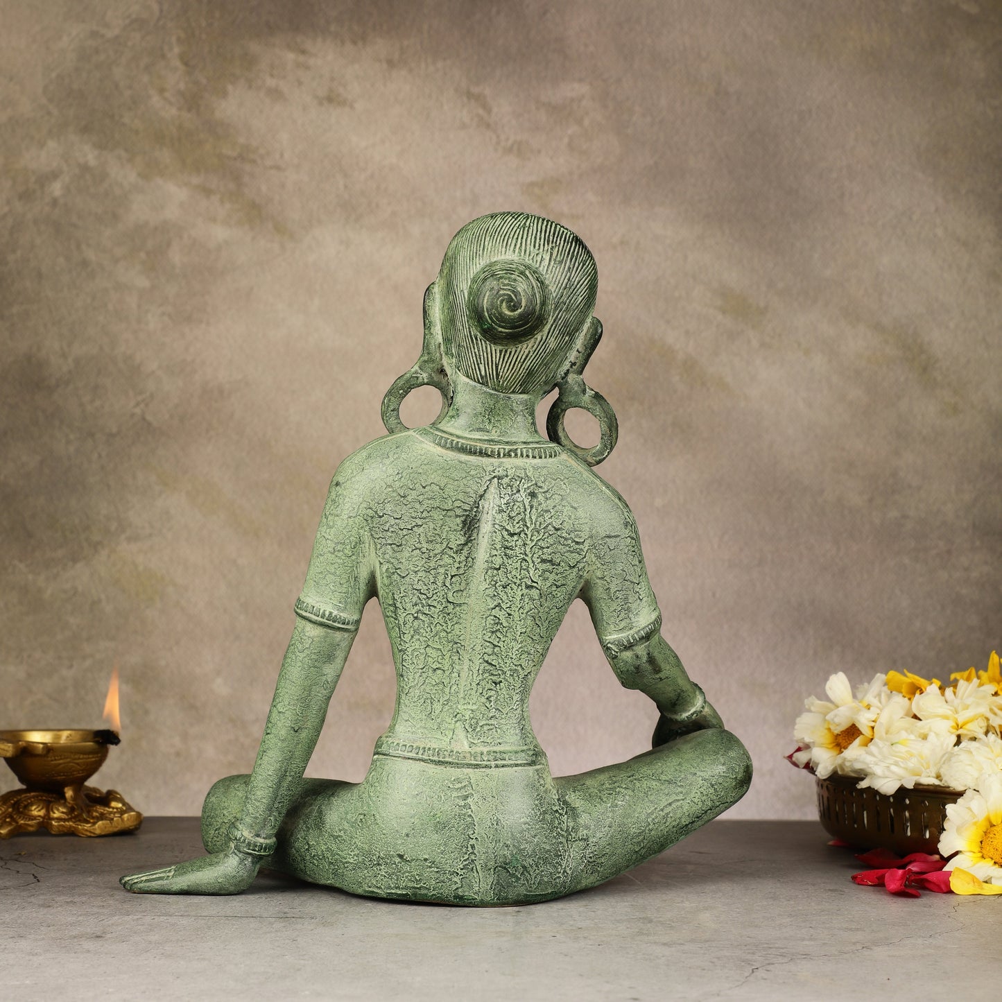 Brass Seated Nepalese Green Tara Idol – 10.5 Inch, - Antique Patina Hues |