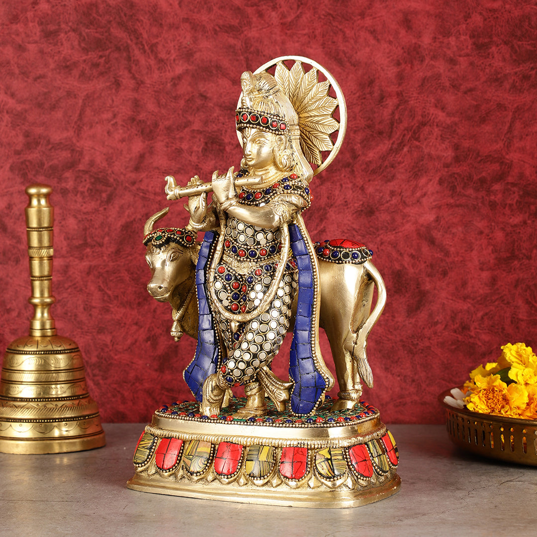 Exquisite Brass Lord Krishna Statue with cow idol 9"