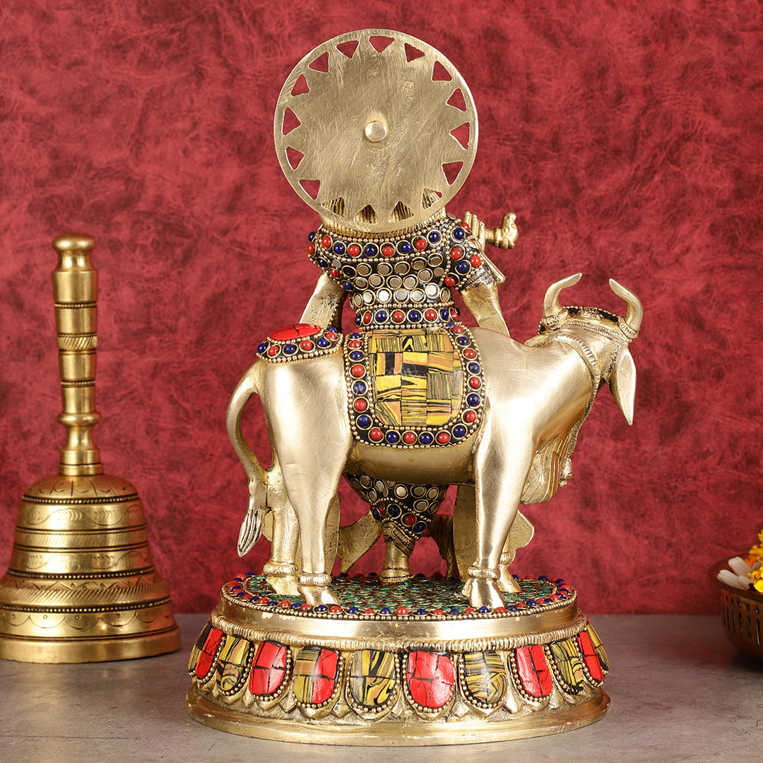 Exquisite Brass Lord Krishna Statue with cow idol 9"