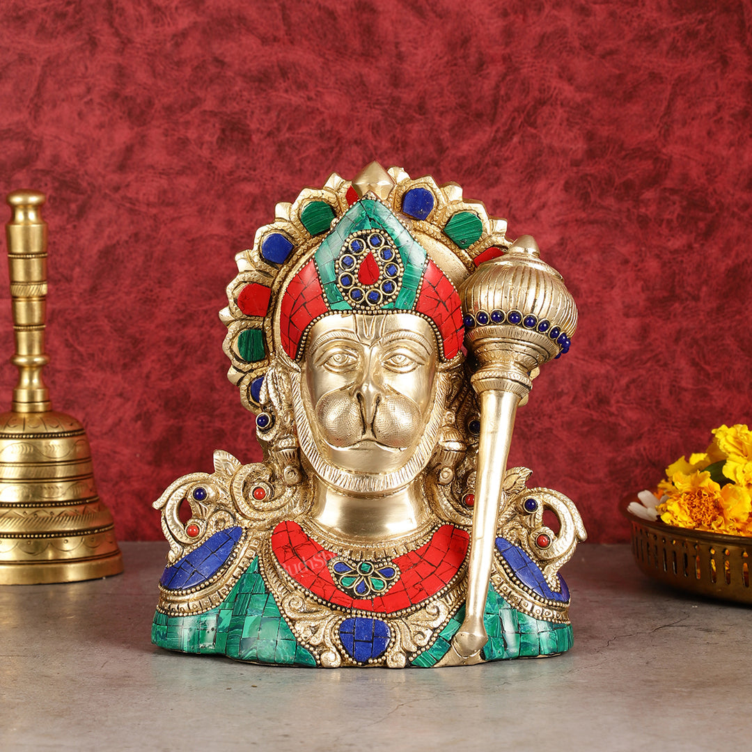 Handcrafted Brass Hanuman Ji Bust with Multicolour Stonework - 8"