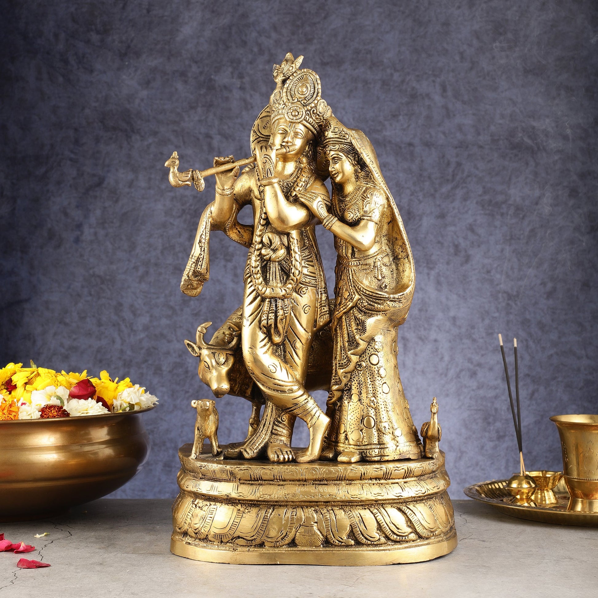 Brass Radha Krishna with Cow, Calf, and Peacock Idol 18 inch