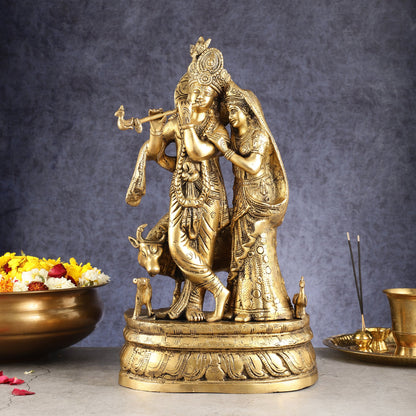 Brass Radha Krishna with Cow, Calf, and Peacock Idol 18 inch