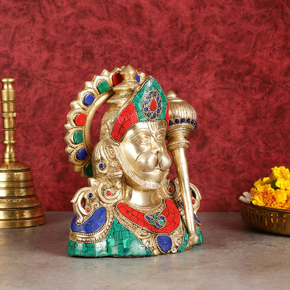 Handcrafted Brass Hanuman Ji Bust with Multicolour Stonework - 8"