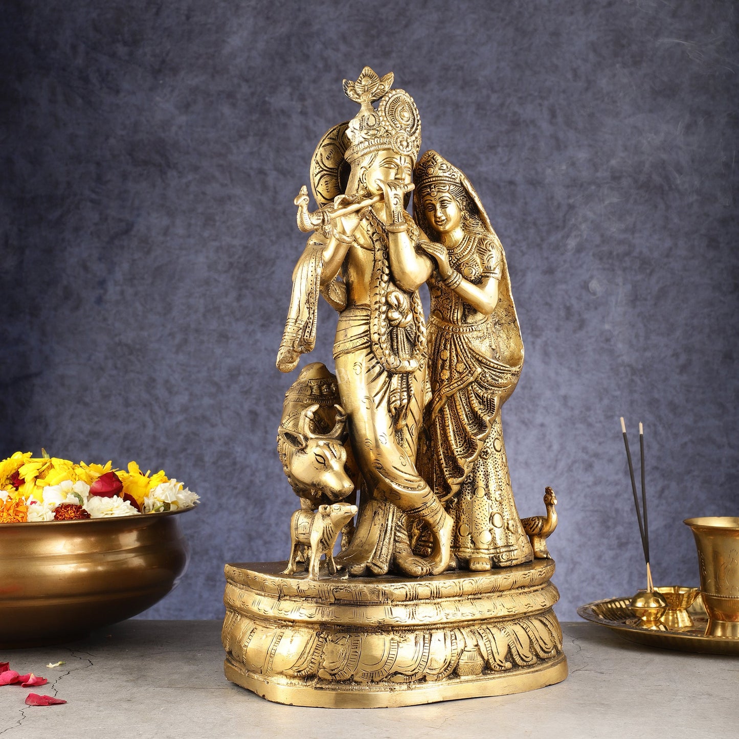 Brass Radha Krishna with Cow, Calf, and Peacock Idol 18 inch