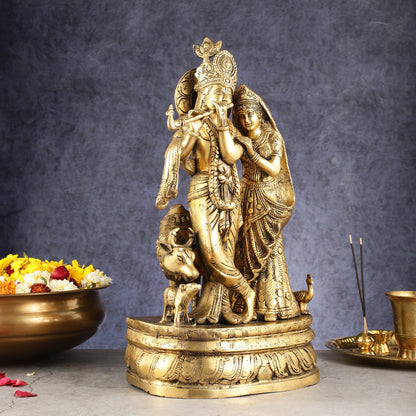 Brass Radha Krishna with Cow, Calf, and Peacock Idol 18 inch