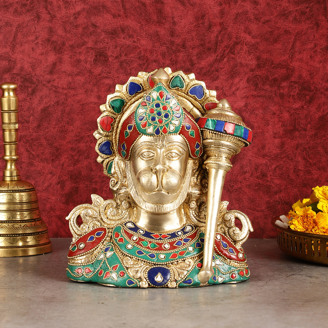 Brass Hanuman Ji face statue with Multicolour Stonework - 8"