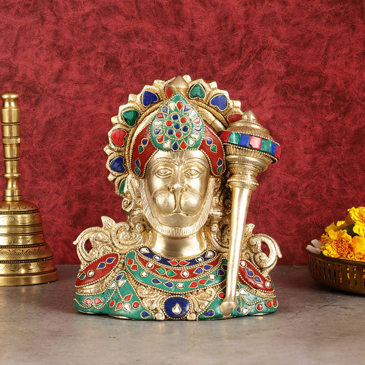 Brass Hanuman Ji face statue with Multicolour Stonework - 8"