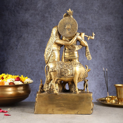 Brass Radha Krishna with Cow, Calf, and Peacock Idol 18 inch