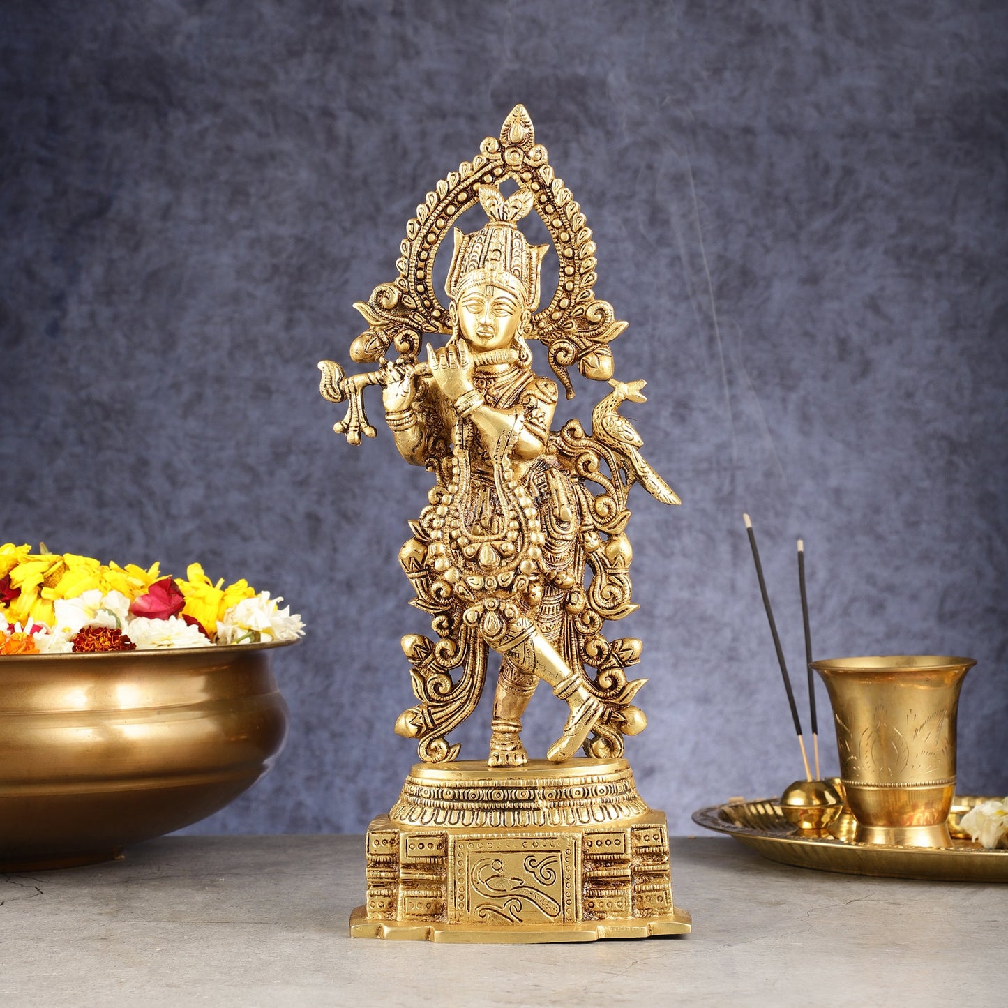 Handcrafted Pure Brass Lord Krishna Statue - 13.5 Inch