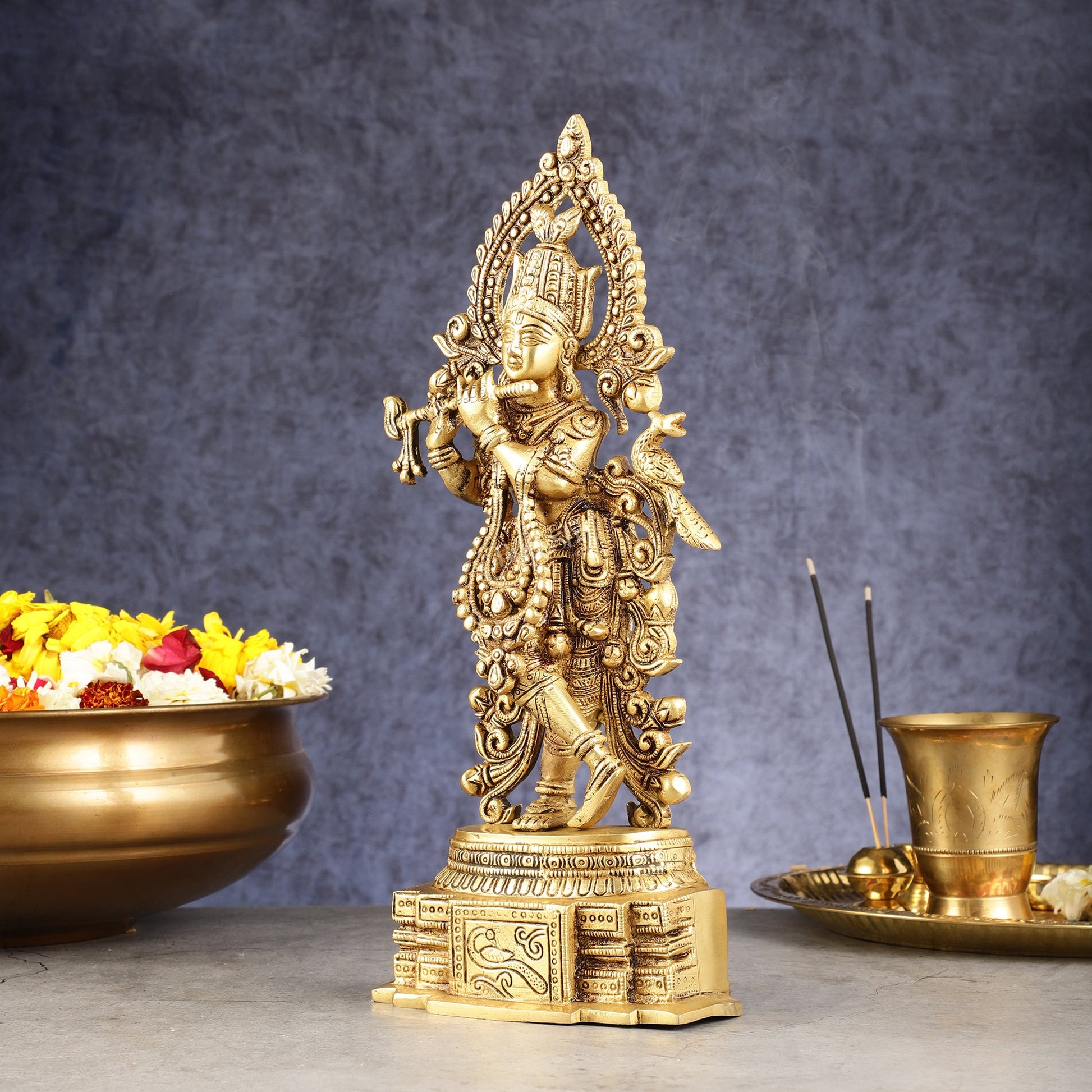 Handcrafted Pure Brass Lord Krishna Statue - 13.5 Inch