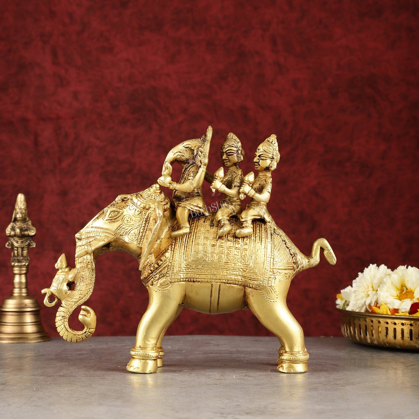 Pure Brass Handcrafted Ganesha with Riddhi Siddhi on Elephant Statue - 7.5"