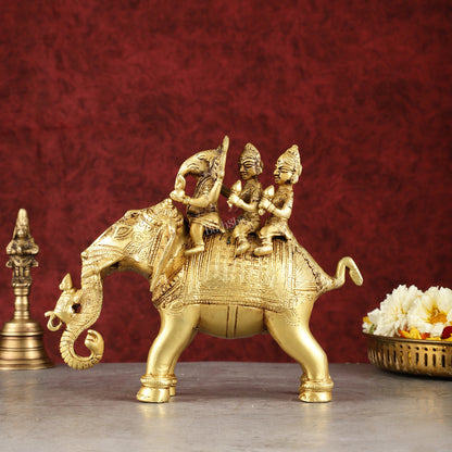 Pure Brass Handcrafted Ganesha with Riddhi Siddhi on Elephant Statue - 7.5"