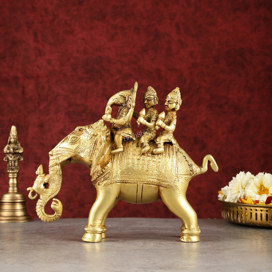 Pure Brass Handcrafted Ganesha with Riddhi Siddhi on Elephant Statue - 7.5"