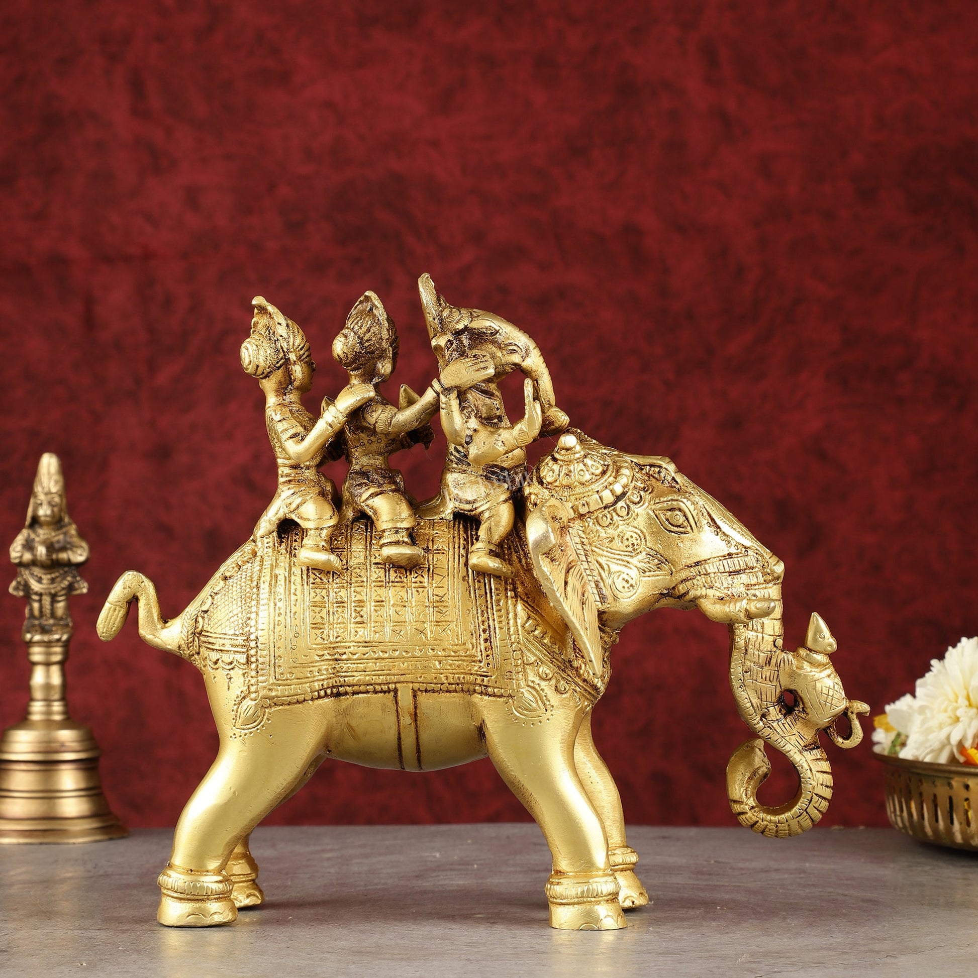 Pure Brass Handcrafted Ganesha with Riddhi Siddhi on Elephant Statue - 7.5"
