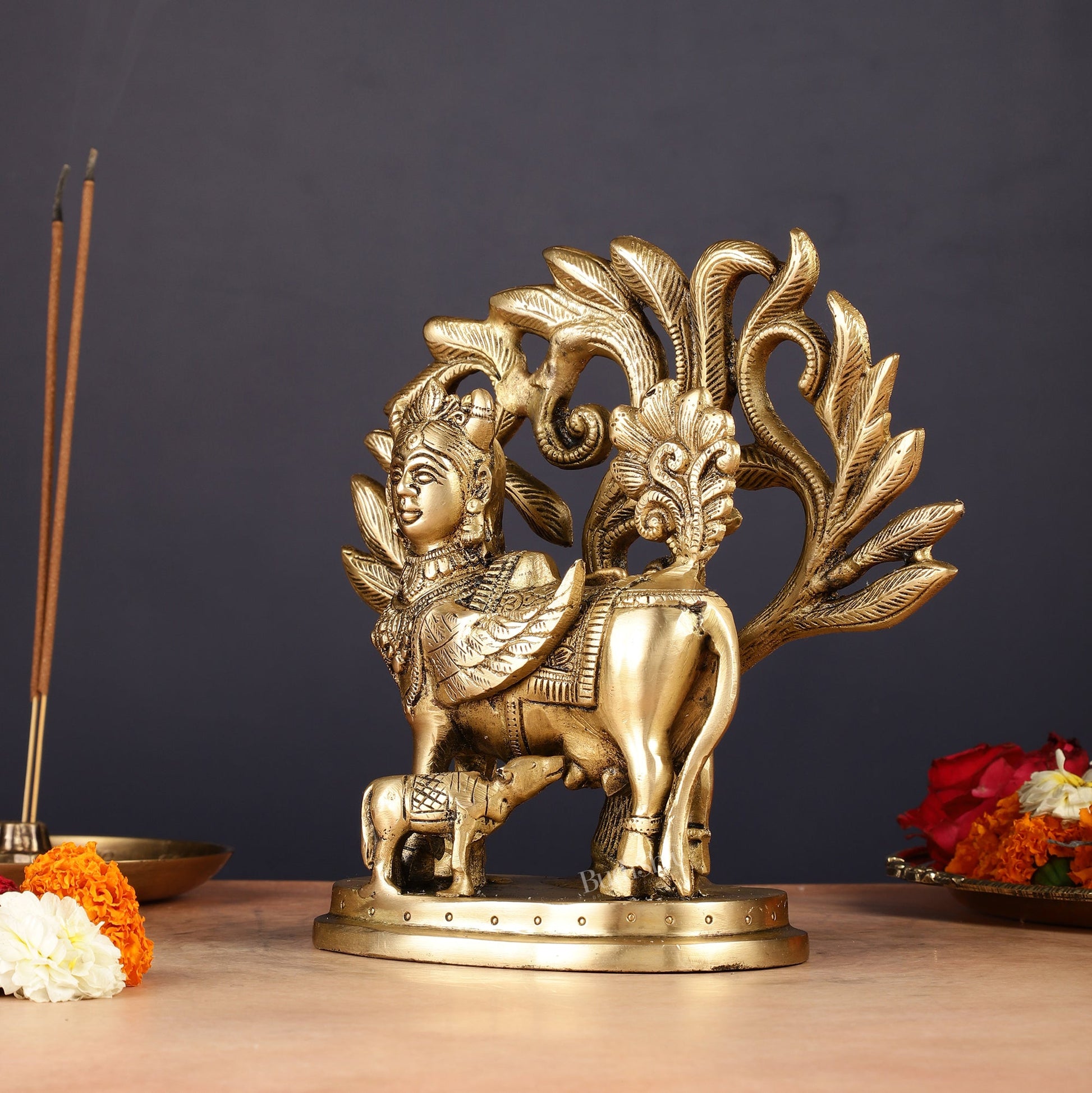 Pure Brass Auspicious Kamdhenu Cow with Kalpavriksha Idol - 7.5"