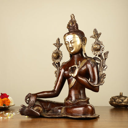 Large Pure Brass Green Tara Idol 13"