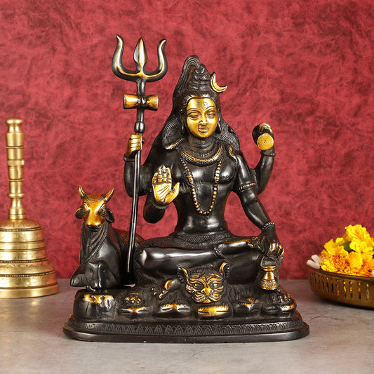 Brass Shiva statue with nandi 9" black antique